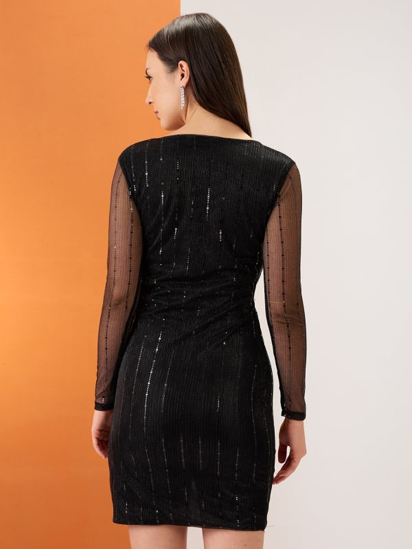 Globus Women Black Wrap V-Neck Spangle Embellished Tulip Hem Mini Bodycon Party Dress