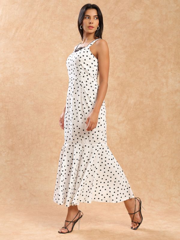 Globus Women White Heart Print Shoulder Strap Round Neck with Lace Detail Flared Hem Midi Bodycon Party Dress