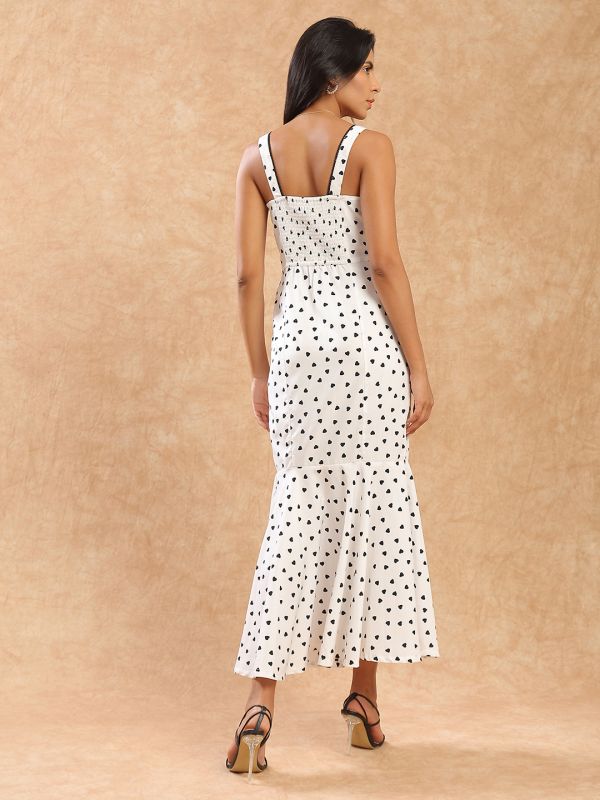 Globus Women White Heart Print Shoulder Strap Round Neck with Lace Detail Flared Hem Midi Bodycon Party Dress