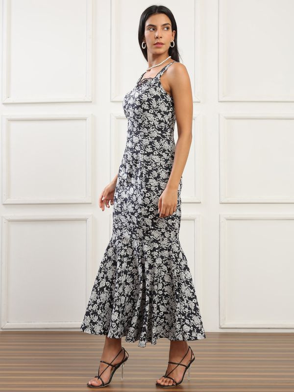 Globus Women Black Floral Print Shoulder Strap Round Neck with Lace Detail Flared Hem Midi Bodycon Party Dress