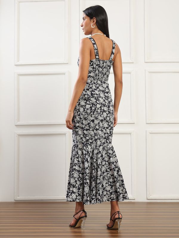 Globus Women Black Floral Print Shoulder Strap Round Neck with Lace Detail Flared Hem Midi Bodycon Party Dress