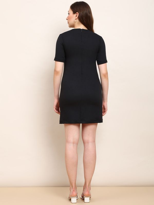 Globus Women Black Round Neck Short Sleeves Metal Bow Detail Sheath Mini Party Dress