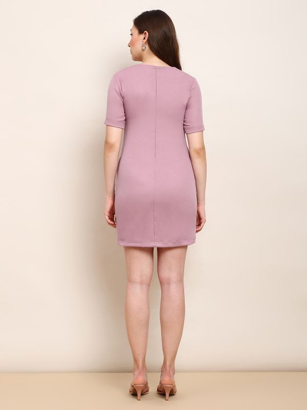 Globus Women Pink Round Neck Short Sleeves Metal Bow Detail Sheath Mini Party Dress