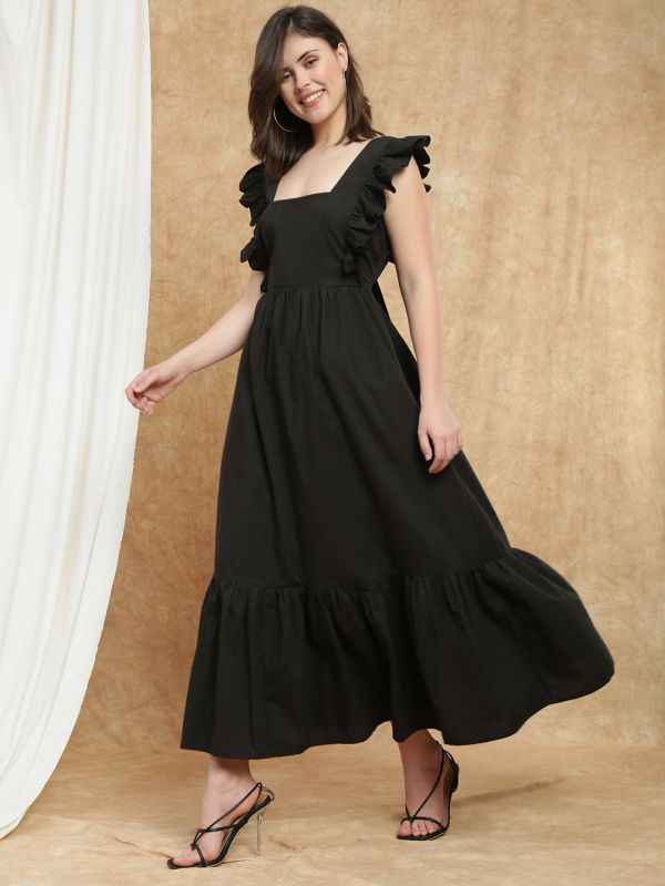 Globus Women Black Square Neck Flutter Sleeves Bow Cut-Out Detail Back Tiered Fit & Flare Maxi Resort Dress