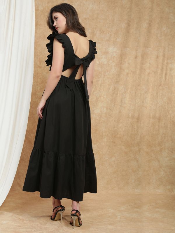 Globus Women Black Square Neck Flutter Sleeves Bow Cut-Out Detail Back Tiered Fit & Flare Maxi Resort Dress