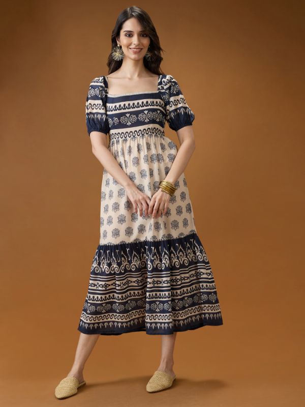Globus Women Blue Square Neck Puff Sleeves Ethnic Print Smocked Tiered Fit & Flare Midi Dress