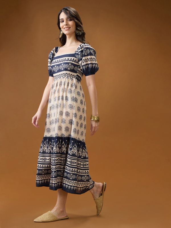 Globus Women Blue Square Neck Puff Sleeves Ethnic Print Smocked Tiered Fit & Flare Midi Dress