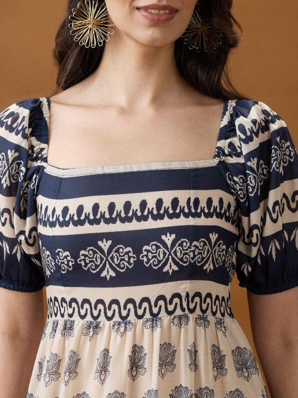 Globus Women Blue Square Neck Puff Sleeves Ethnic Print Smocked Tiered Fit & Flare Midi Dress