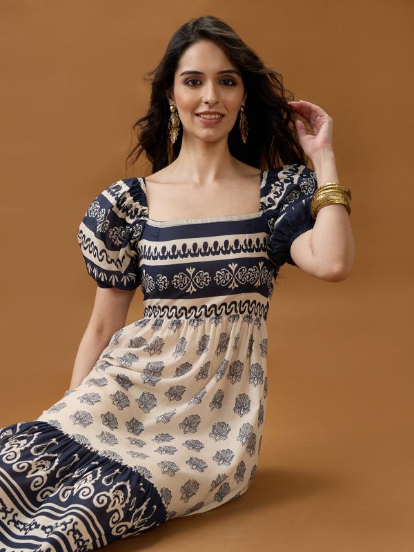 Globus Women Blue Square Neck Puff Sleeves Ethnic Print Smocked Tiered Fit & Flare Midi Dress