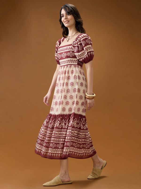 Globus Women Maroon Square Neck Puff Sleeves Ethnic Print Smocked Tiered Fit & Flare Midi Dress