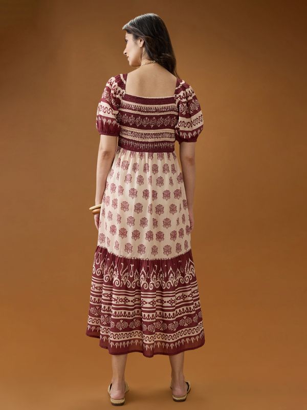 Globus Women Maroon Square Neck Puff Sleeves Ethnic Print Smocked Tiered Fit & Flare Midi Dress