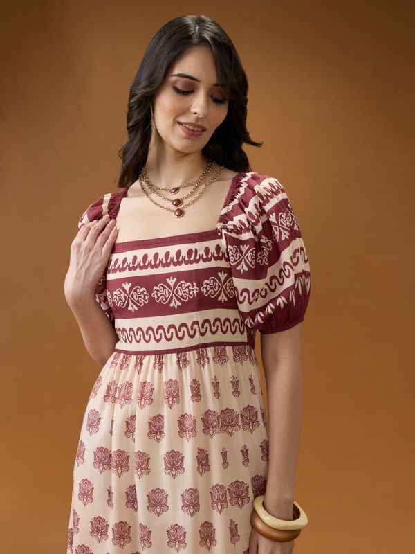 Globus Women Maroon Square Neck Puff Sleeves Ethnic Print Smocked Tiered Fit & Flare Midi Dress