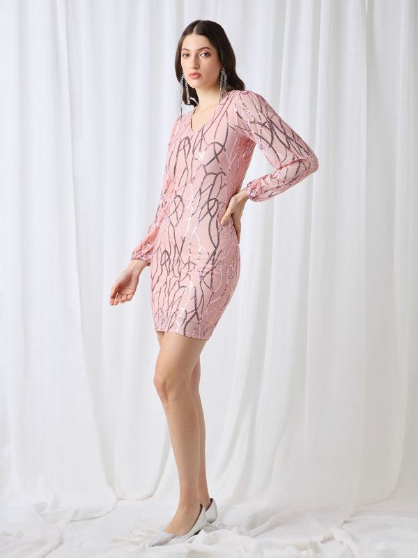 Globus Women Pink V-Neck Bishop Sleeves Embellished Mini Bodycon Party Dress