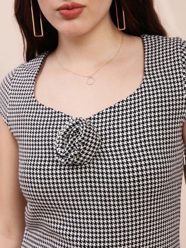 Globus Women Black Houndstooth Print Sweetheart Neck Cap Sleeves Mini Party Bodycon Dress
