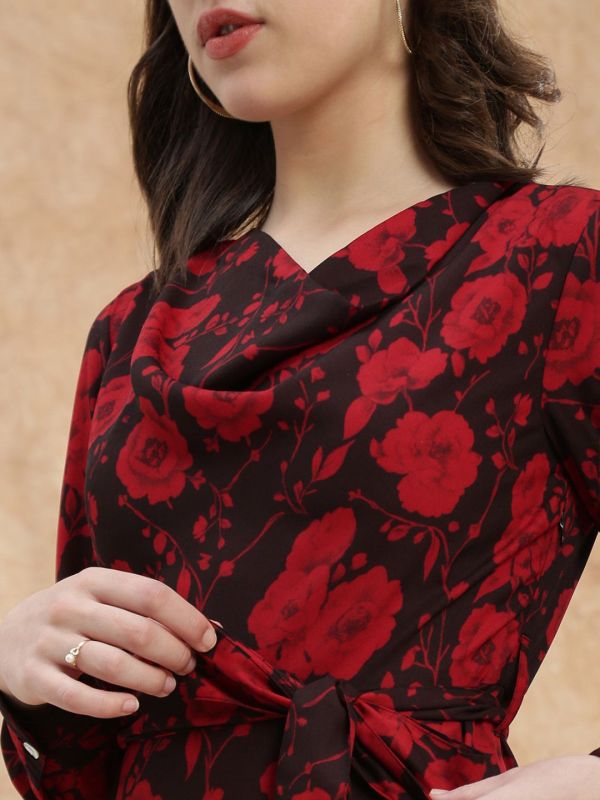 Globus Women Red Cowl Neck Cuffed Sleeves Floral Print Front Slit Midi A-Line Dress With Belt