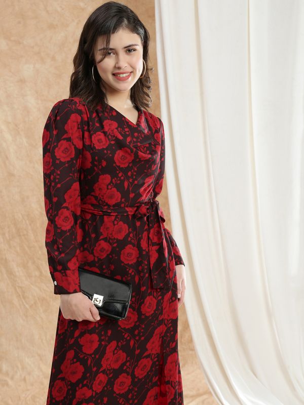 Globus Women Red Cowl Neck Cuffed Sleeves Floral Print Front Slit Midi A-Line Dress With Belt