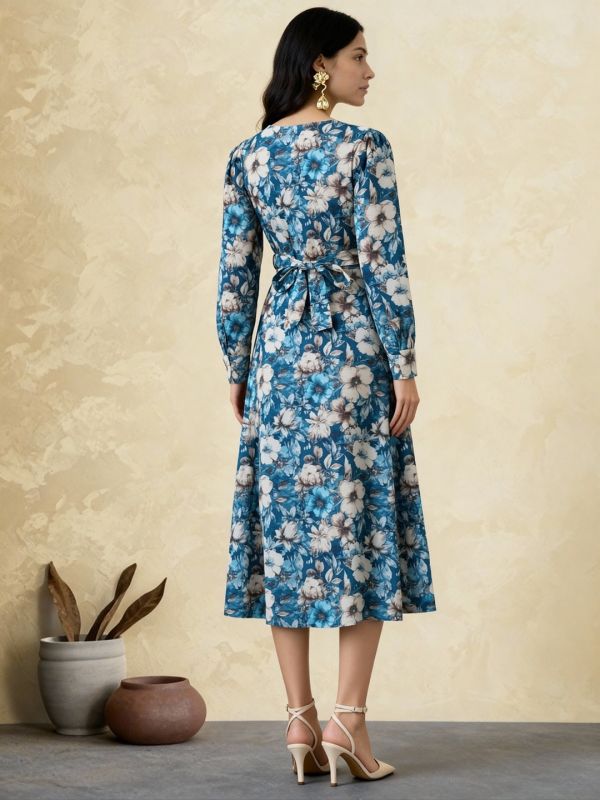 Globus Women Blue Cowl Neck Cuffed Sleeves Floral Print Front Slit Midi A-Line Dress With Belt