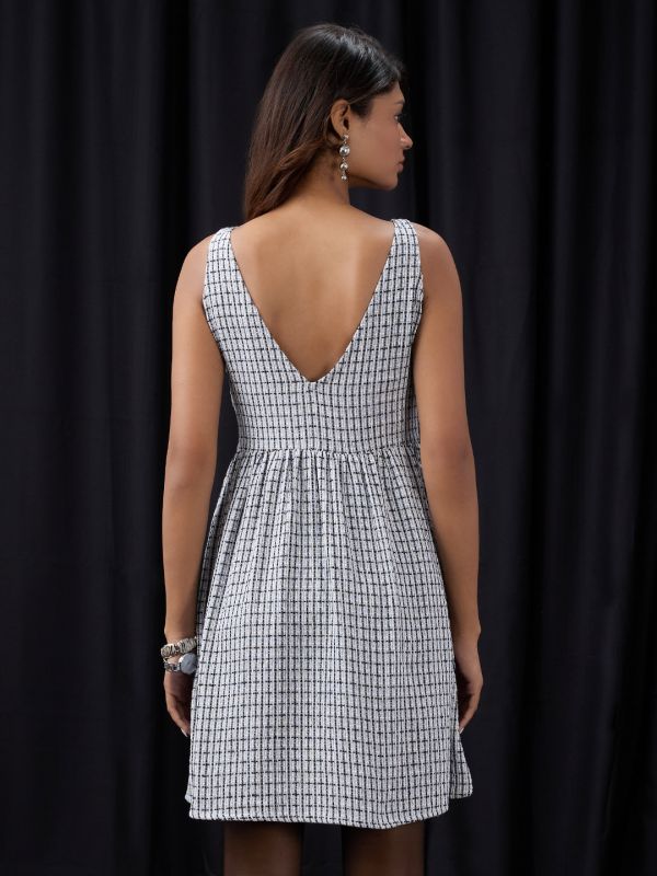 Globus Women Grey Boat Neck Sleeveless Self Design Stylised Back Fit & Flare Mini Party Dress