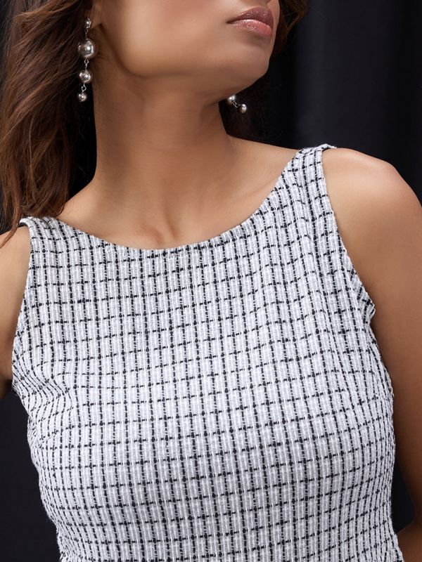 Globus Women Grey Boat Neck Sleeveless Self Design Stylised Back Fit & Flare Mini Party Dress