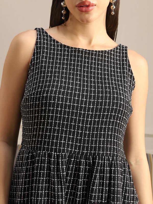 Globus Women Black Boat Neck Sleeveless Self Design Stylised Back Fit & Flare Mini Party Dress