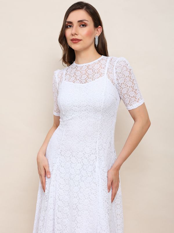 Globus Women White Round Neck Puff Sleeves Flared Hem Panelled Floral Lace A-Line Midi Party Dress