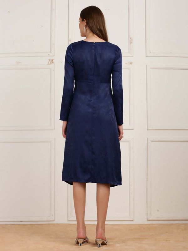 Globus Women Navy Blue V-Neck Long Sleeves Gathered Jacquard Party Midi Dress
