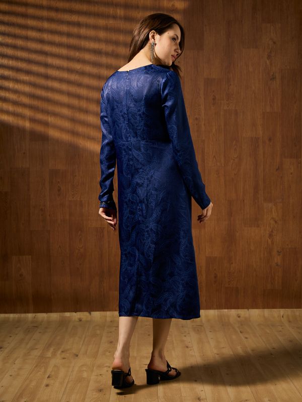 Globus Women Navy Blue V-Neck Long Sleeves Gathered Jacquard Party Midi Dress