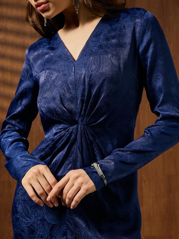 Globus Women Navy Blue V-Neck Long Sleeves Gathered Jacquard Party Midi Dress