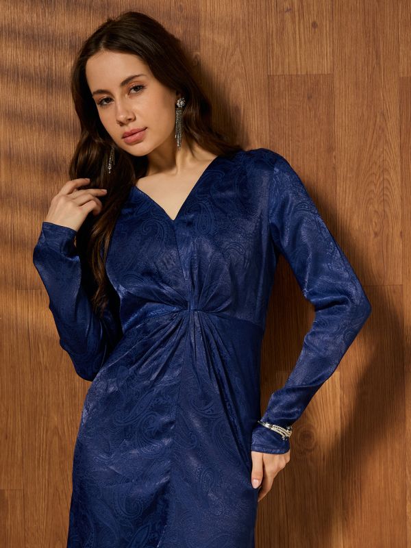 Globus Women Navy Blue V-Neck Long Sleeves Gathered Jacquard Party Midi Dress