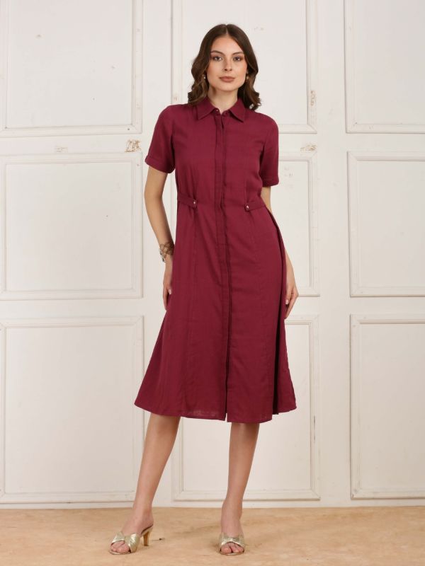 Globus Women Maroon V-Neck Long Sleeves Gathered Jacquard Party Midi Dress