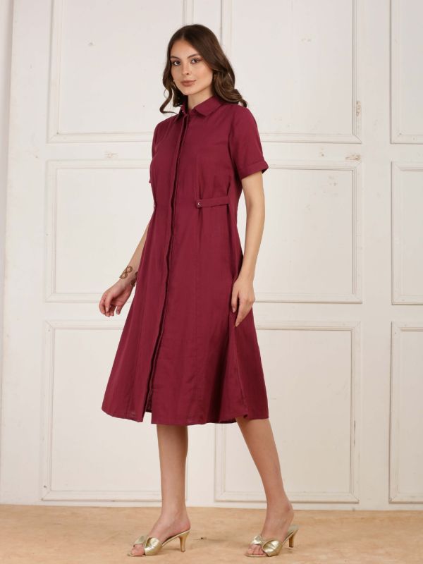 Globus Women Maroon V-Neck Long Sleeves Gathered Jacquard Party Midi Dress