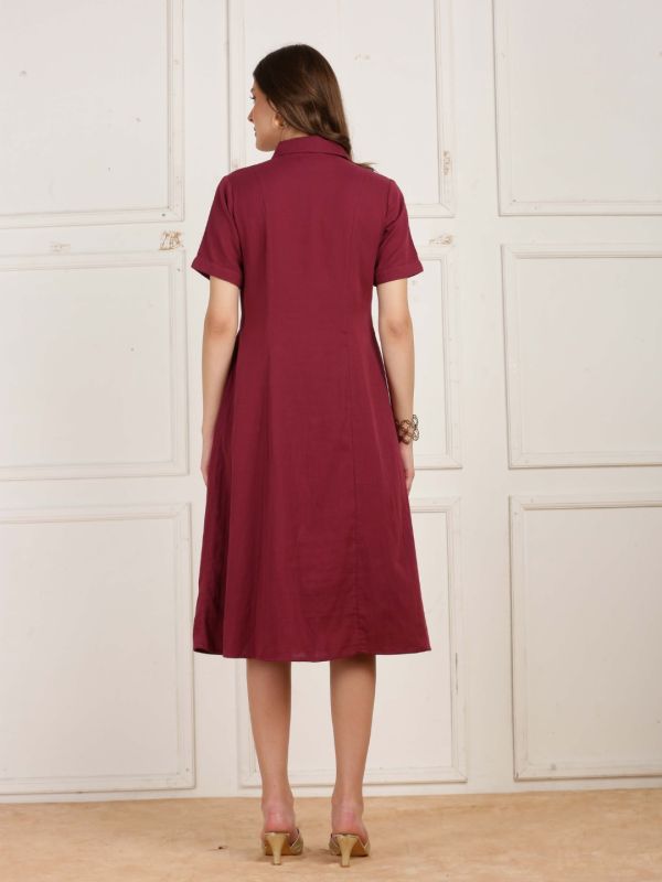 Globus Women Maroon V-Neck Long Sleeves Gathered Jacquard Party Midi Dress