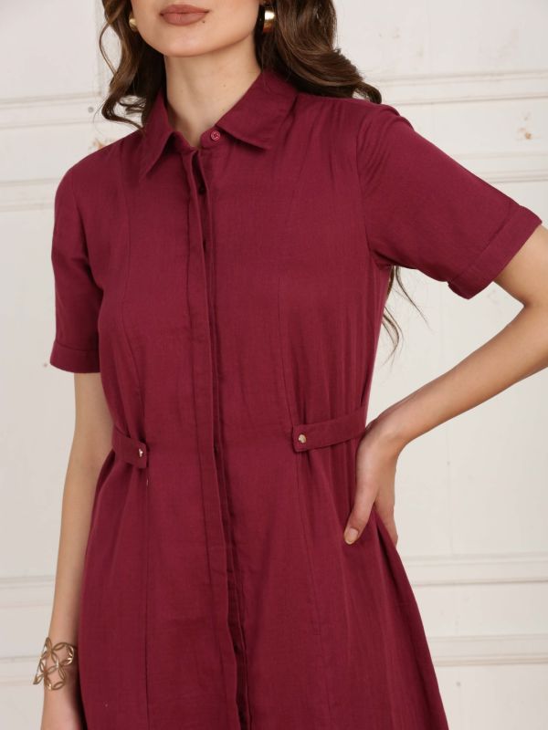 Globus Women Maroon V-Neck Long Sleeves Gathered Jacquard Party Midi Dress