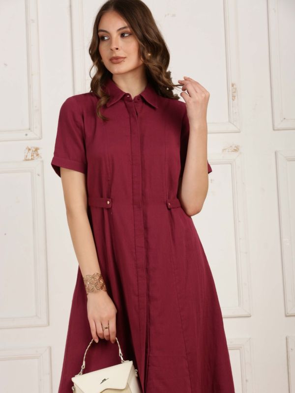 Globus Women Maroon V-Neck Long Sleeves Gathered Jacquard Party Midi Dress