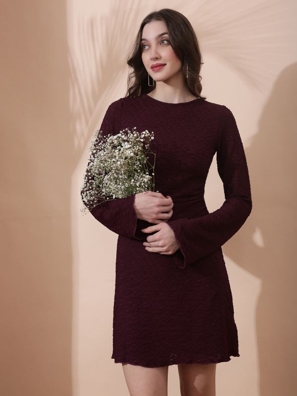 Globus Women Burgundy Round Neck Long Sleeves Stylized Back Self Design Flared Hem Mini Bodycon Party Dress