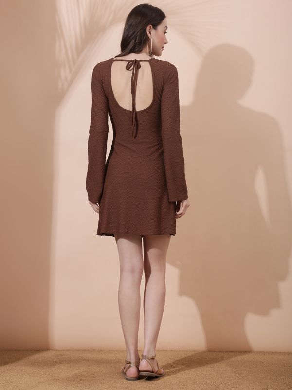 Globus Women Brown Round Neck Long Sleeves Stylized Back Self Design Flared Hem Mini Bodycon Party Dress