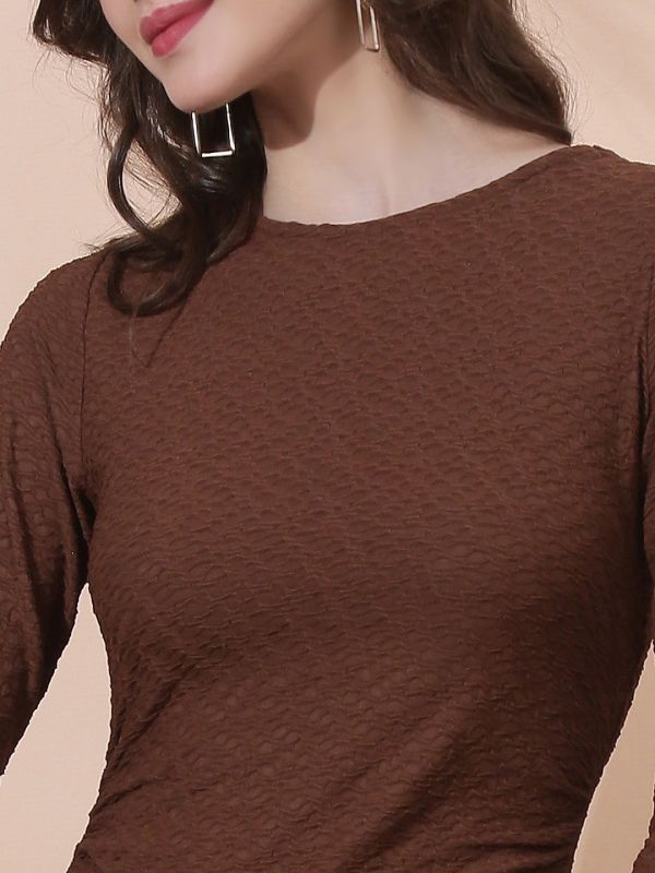 Globus Women Brown Round Neck Long Sleeves Stylized Back Self Design Flared Hem Mini Bodycon Party Dress