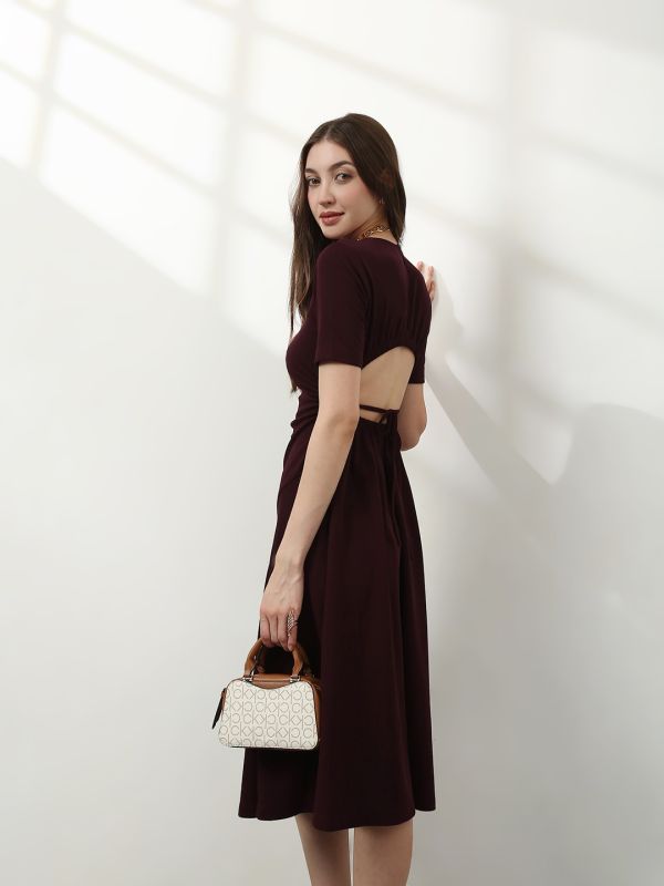 Globus Women Burgundy Round Neck Stylized Back Tie-Up Fit and Flare Midi Party Wear Dress