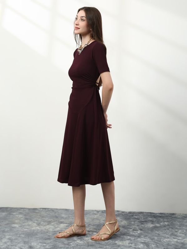 Globus Women Burgundy Round Neck Stylized Back Tie-Up Fit and Flare Midi Party Wear Dress