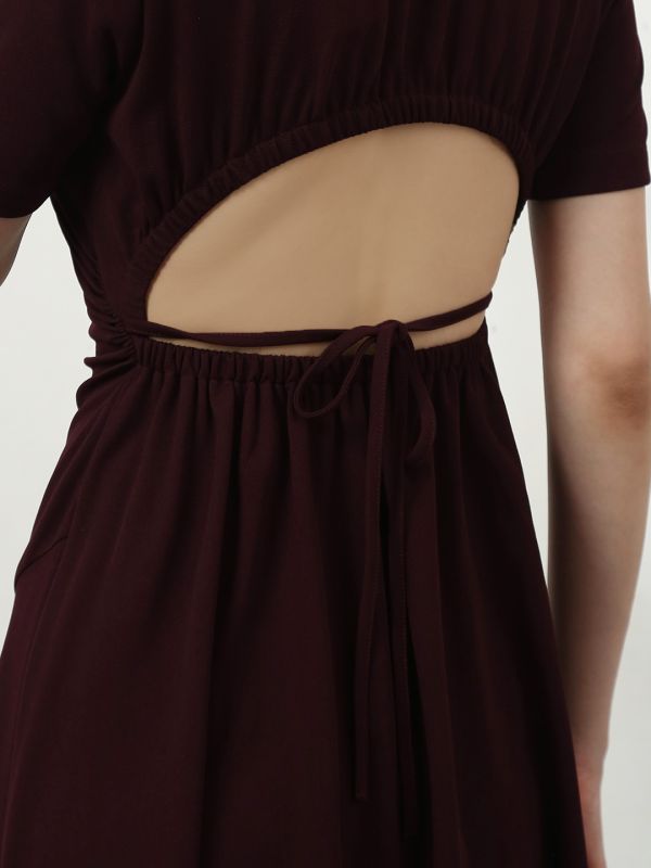 Globus Women Burgundy Round Neck Stylized Back Tie-Up Fit and Flare Midi Party Wear Dress
