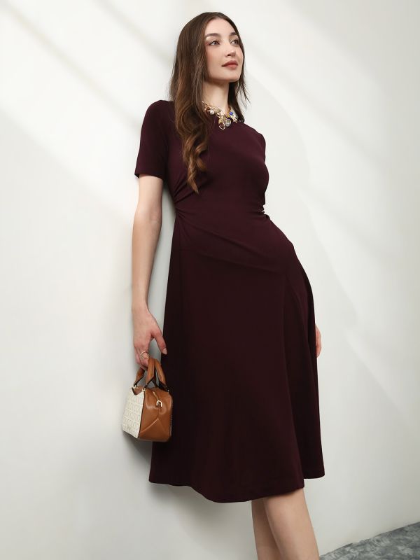 Globus Women Burgundy Round Neck Stylized Back Tie-Up Fit and Flare Midi Party Wear Dress