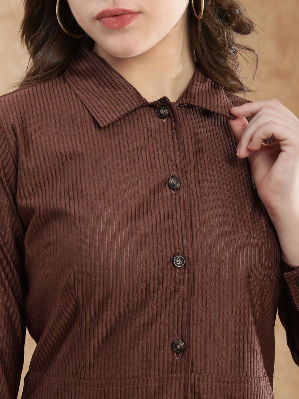 Globus Women Brown Collared Neck Cuffed Sleeves Self Design Utility Pockets Mini Workwear Shirt Dress