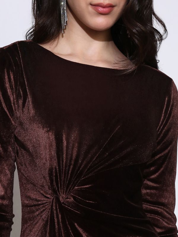 Globus Women Brown Boat Neck Twisted Detail Velvet Sheath Mini Party Dress