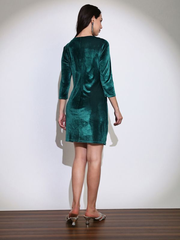 Globus Women Teal Boat Neck Twisted Detail Velvet Sheath Mini Party Dress