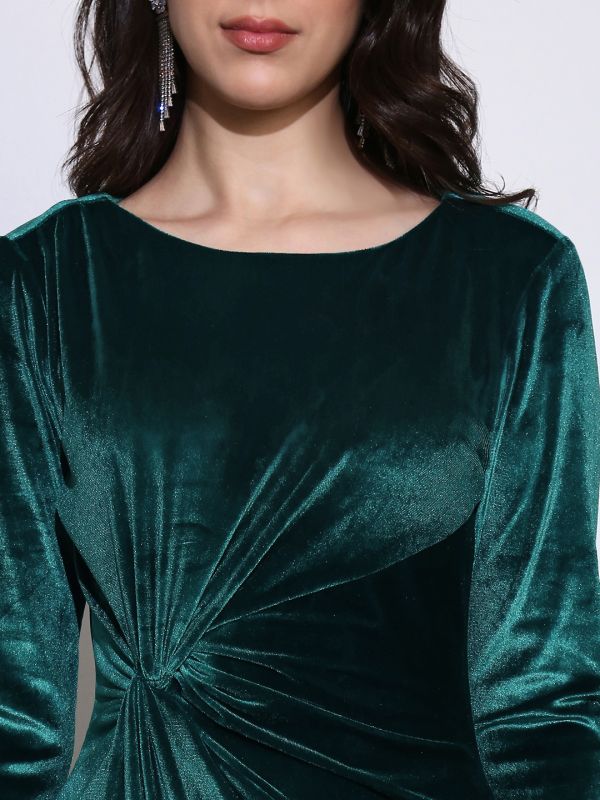 Globus Women Teal Boat Neck Twisted Detail Velvet Sheath Mini Party Dress