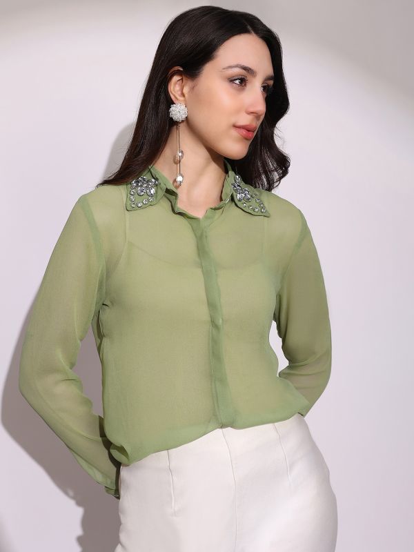 Globus Women Green Embellished Collar Cuffed Sleeves Curved Hem Georgette Sheer Party Shirt