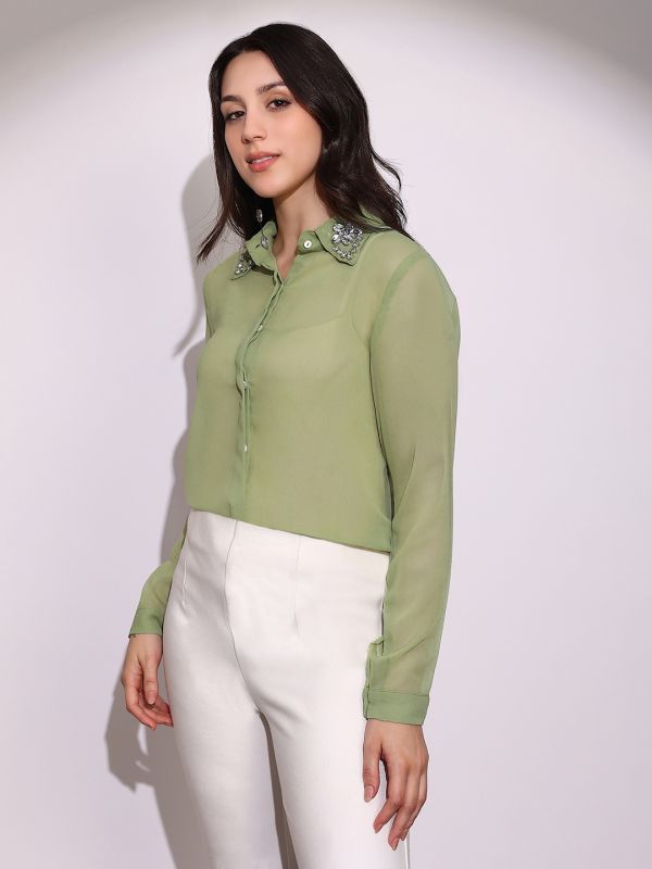 Globus Women Green Embellished Collar Cuffed Sleeves Curved Hem Georgette Sheer Party Shirt