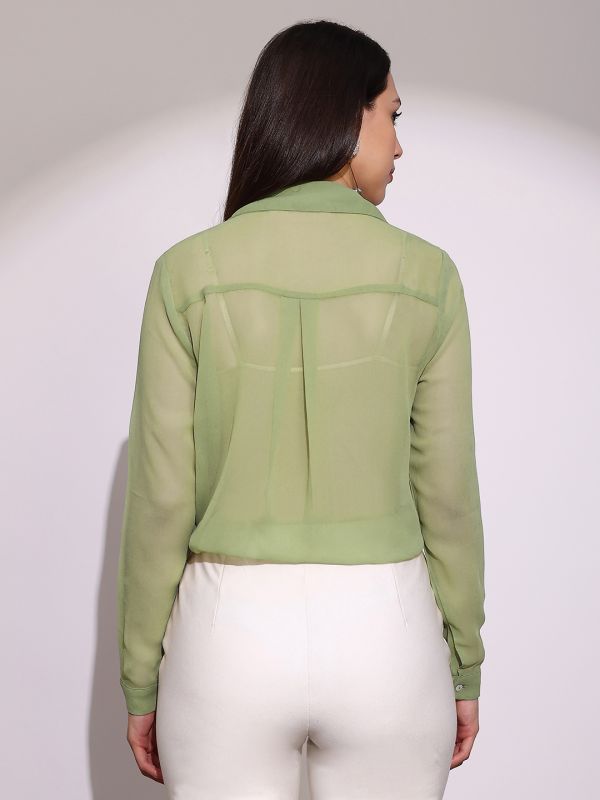 Globus Women Green Embellished Collar Cuffed Sleeves Curved Hem Georgette Sheer Party Shirt