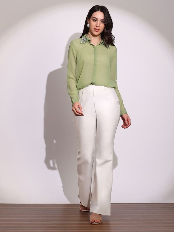 Globus Women Green Embellished Collar Cuffed Sleeves Curved Hem Georgette Sheer Party Shirt