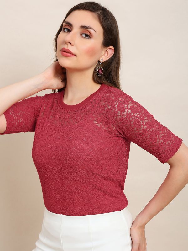 Globus Women Red Round Neck Self Design Floral Lace Party Top 